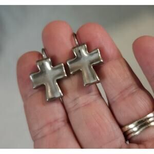 Silver Chunky Cross Hugger Dangle Earrings Block Style Christian